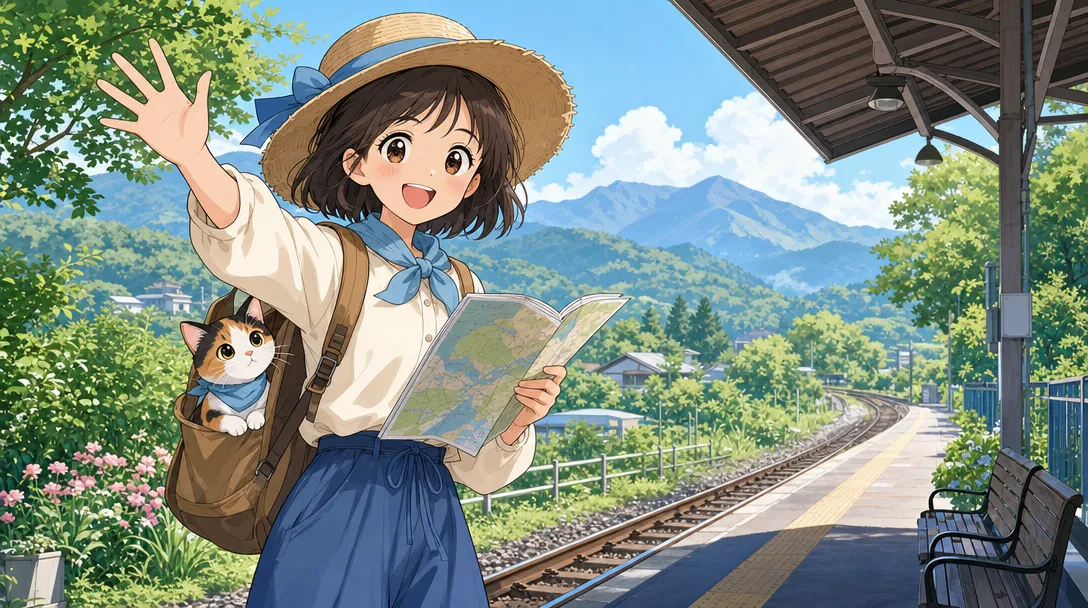 Hana, eine Reisende mit Strohhut und Karte, winkt auf einem ländlichen Bahnsteig, während die Katze Mikan aus ihrem Rucksack schaut