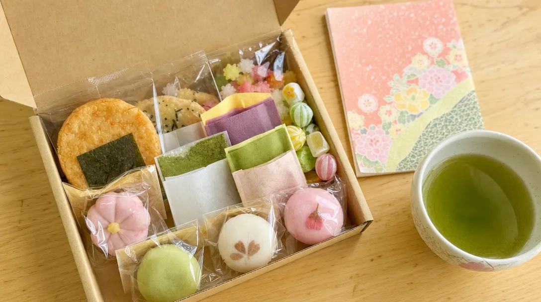 En öppen låda med färgglatt japanskt godis och riskex bredvid en kopp grönt te